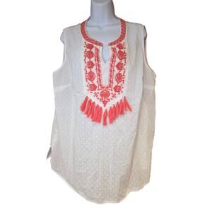 Liz Claiborne, Women’s 0X‎ cotton blouse Sleeveless Top tassel Fringe, plus